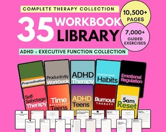 35 ADHD & Executive Functioning Library: Productivity + Time Management + Procrastination + Regulation Therapy Worksheets Resource Workbooks