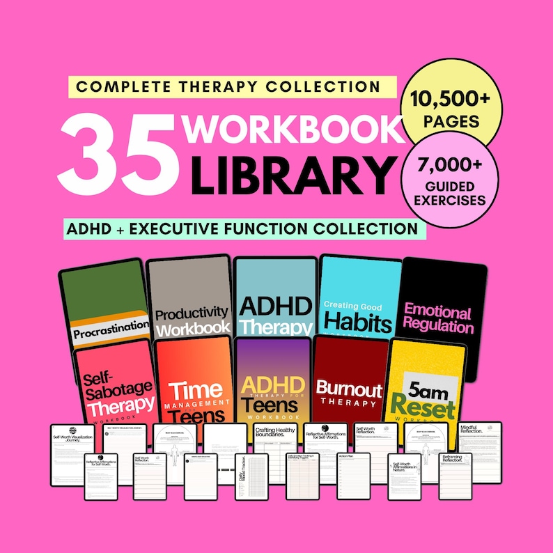 35 ADHD and executive function workbook library with 10,500+ pages and 7,000+ guided exercises covering productivity, time management, procrastination, habits, emotional regulation, ADHD therapy and practical worksheets.