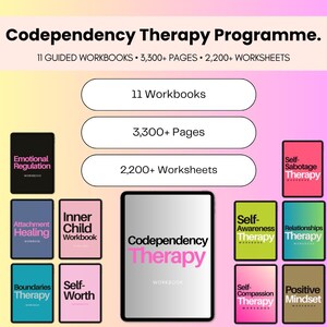 K&ouml;nnte beinhalten: Eine digitale Sammlung mit dem Titel Codependency Therapy Programme, bestehend aus 11 gef&uuml;hrten Arbeitsb&uuml;chern, 3.300+ Seiten und 2.200+ Arbeitsbl&auml;ttern. Das Set enth&auml;lt Arbeitsb&uuml;cher zu Themen wie Emotionsregulation, Bindungsheilung, inneres Kind, Grenzen, Selbstwert, Selbstbewusstsein, Beziehungen, Selbstmitgef&uuml;hl und positive Einstellung.