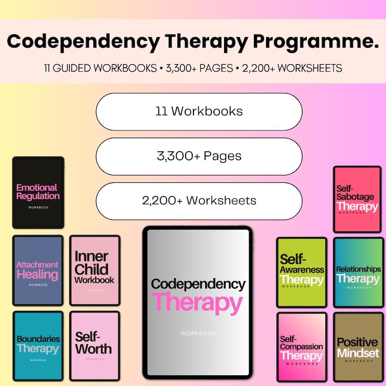 K&ouml;nnte beinhalten: Eine digitale Sammlung mit dem Titel Codependency Therapy Programme, bestehend aus 11 gef&uuml;hrten Arbeitsb&uuml;chern, 3.300+ Seiten und 2.200+ Arbeitsbl&auml;ttern. Das Set enth&auml;lt Arbeitsb&uuml;cher zu Themen wie Emotionsregulation, Bindungsheilung, inneres Kind, Grenzen, Selbstwert, Selbstbewusstsein, Beziehungen, Selbstmitgef&uuml;hl und positive Einstellung.