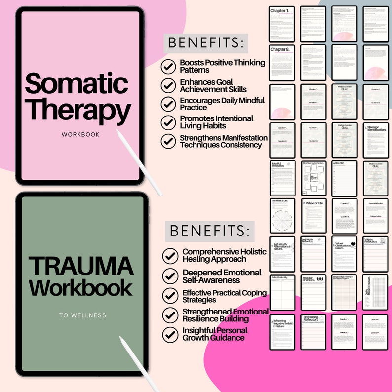 May include: Two digital workbooks, one titled "Somatic Therapy Workbook" with a pink background and the other titled "Trauma Workbook To Wellness" with a green background. Both workbooks feature a list of benefits with checkmarks next to each item.