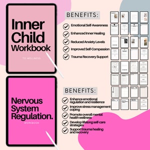 May include: Two pink digital tablet mockups with a white stylus pen. The left tablet shows a pink background with the text "Inner Child Workbook to Wellness" and a list of benefits. The right tablet shows a pink background with the text "Nervous System Regulation Workbook" and a list of benefits.