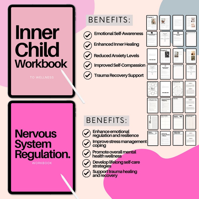 May include: Two pink digital tablet mockups with a white stylus pen. The left tablet shows a pink background with the text "Inner Child Workbook to Wellness" and a list of benefits. The right tablet shows a pink background with the text "Nervous System Regulation Workbook" and a list of benefits.