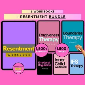 May include: A bundle of six workbooks on a pink background. The workbooks include titles such as "Resentment Workbook", "Forgiveness Therapy", and "Boundaries Therapy". Each workbook is displayed on a tablet-like device. The bundle is labeled "Resentment Bundle".