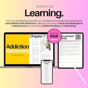 May include: A laptop computer displaying a yellow and black workbook titled "Addiction Recovery Therapy" with the chapter title "Chapter 7. Setting Place for the Future". A tablet computer is open to a page titled "Stress Relief Ritual" and a smartphone is displaying a page titled "Multiple Question Quiz".