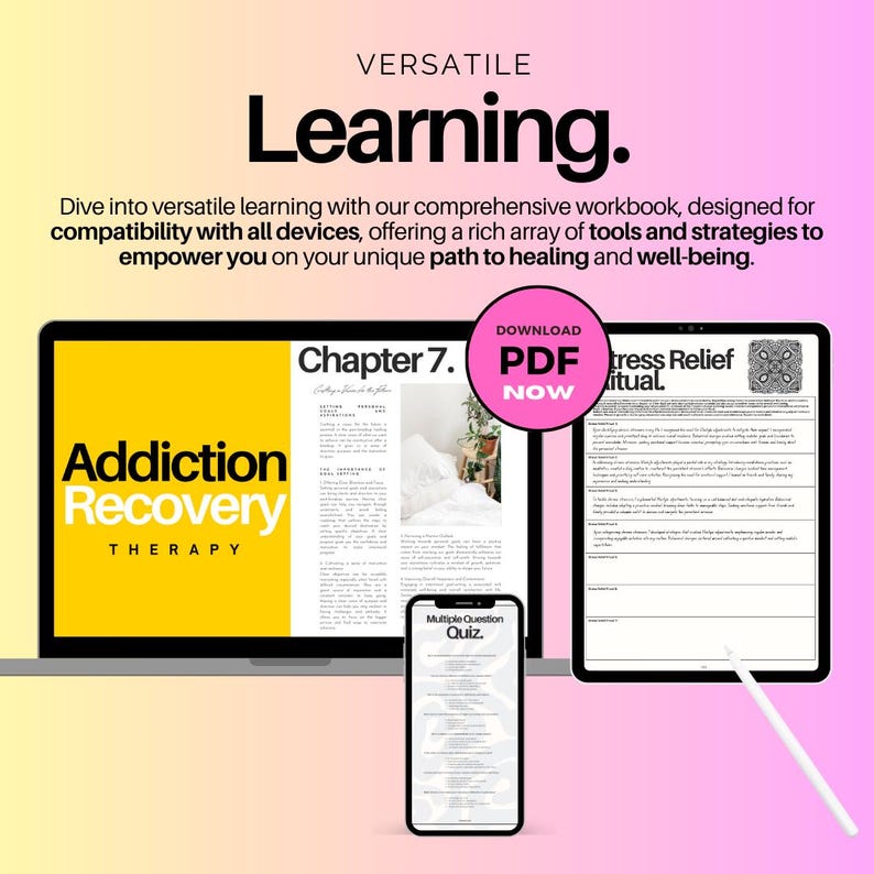 May include: A laptop computer displaying a yellow and black workbook titled "Addiction Recovery Therapy" with the chapter title "Chapter 7. Setting Place for the Future". A tablet computer is open to a page titled "Stress Relief Ritual" and a smartphone is displaying a page titled "Multiple Question Quiz".