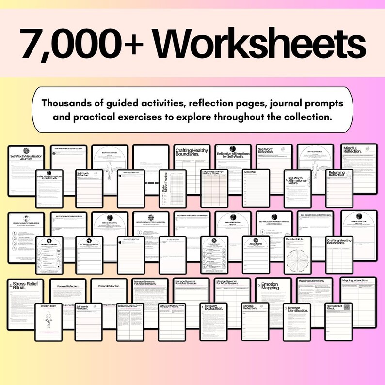 ADHD and executive function workbook bundle with 7,000+ worksheets, guided activities, journal prompts, reflection pages and practical exercises for productivity, organization and emotional regulation.