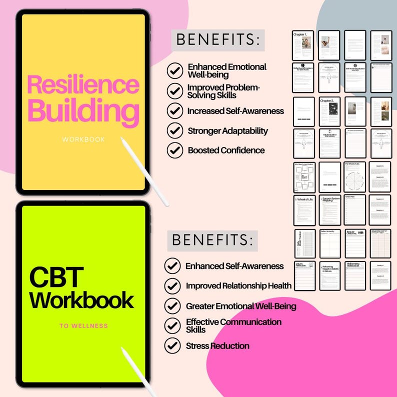 May include: Two digital workbooks on a pink and yellow background. The left workbook is titled "CBT Workbook to Wellness" and the right workbook is titled "Resilience Building Workbook". Both workbooks list benefits of using the workbook.