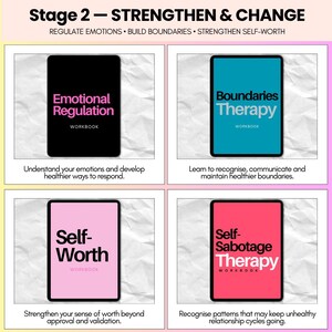 K&ouml;nnte beinhalten: Vier rechteckige Arbeitsb&uuml;cher mit den Titeln Emotional Regulation in Schwarz, Boundaries Therapy in T&uuml;rkis, Self-Worth in Hellrosa und Self-Sabotage Therapy in Rot. Jedes Cover zeigt fetten Text und einen kurzen beschreibenden Satz.