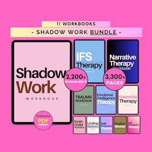 May include: A digital bundle of 11 workbooks titled Shadow Work Bundle, featuring a large pink tablet display with the text Shadow Work Workbook and Download PDF Now. Includes smaller covers for IFS, Narrative, Trauma, and other therapy topics.