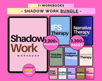 May include: A digital bundle of 11 workbooks titled Shadow Work Bundle, featuring a large pink tablet display with the text Shadow Work Workbook and Download PDF Now. Includes smaller covers for IFS, Narrative, Trauma, and other therapy topics.