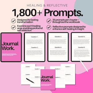 K&ouml;nnte beinhalten: Ein rosa-wei&szlig;es digitales Journal mit dem Text "Journal Work."  Das Journal enth&auml;lt &uuml;ber 1.800 Aufforderungen, die f&uuml;r eine nachhaltige Transformation und Selbstreflexion konzipiert sind.  Die Aufforderungen sind in Kapitel mit jeweils 35 Aufforderungen unterteilt.