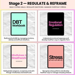 May include: A four-part digital display titled Stage 2 Regulate & Reframe. It features four workbooks: a mint green DBT Workbook, a black Emotional Regulation Workbook, a beige Mindfulness & Breathwork Workbook, and a coral Stress Management Workbook.
