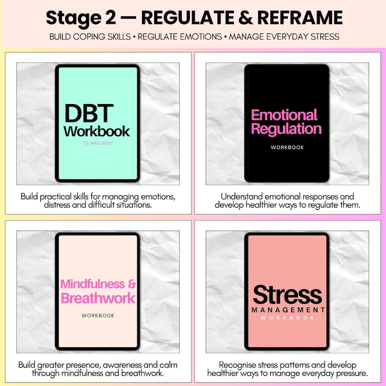 May include: A four-part digital display titled Stage 2 Regulate & Reframe. It features four workbooks: a mint green DBT Workbook, a black Emotional Regulation Workbook, a beige Mindfulness & Breathwork Workbook, and a coral Stress Management Workbook.