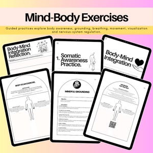 Mind-body workbook exercises featuring grounding, body awareness, breathing, mindfulness, movement and nervous system regulation practices within the ADHD and executive function library.