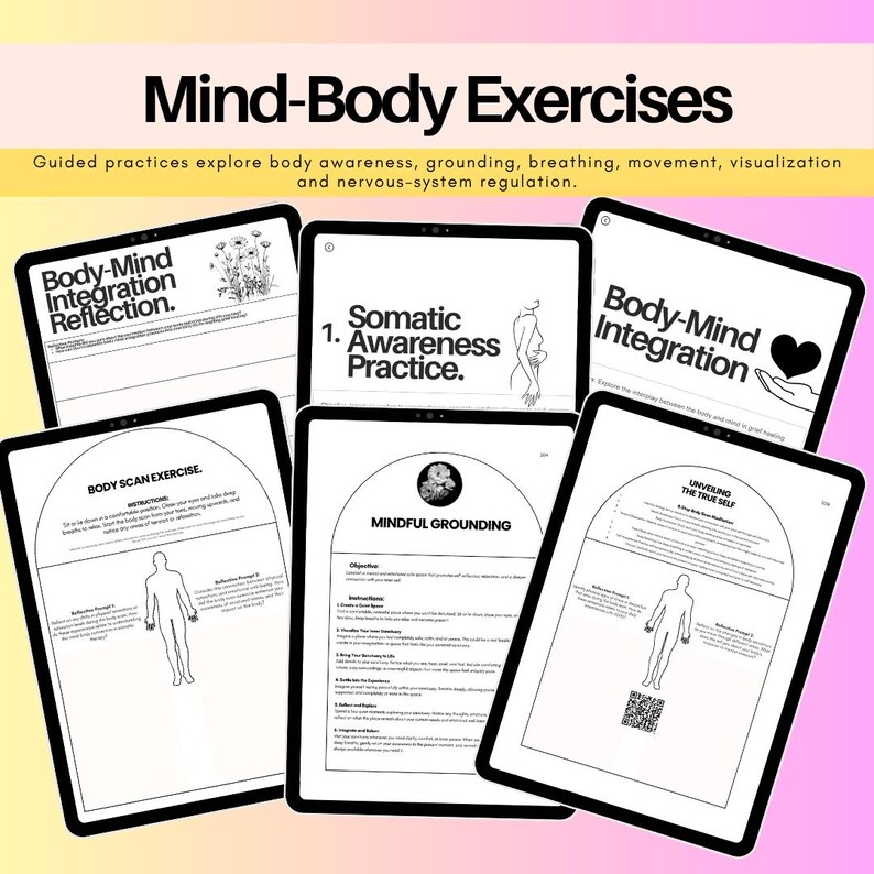 Mind-body workbook exercises featuring grounding, body awareness, breathing, mindfulness, movement and nervous system regulation practices within the ADHD and executive function library.