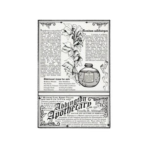 Könnte beinhalten: Eine Schwarzweißillustration einer Flasche Aconitum callibutryon-Tinktur, einer Pflanze mit glockenförmigen Blüten, und eine Textbeschreibung der Verwendung der Tinktur. Der Text lautet: "Eine Tinktur aus Wolfsbane, Ginseng und Baldrianruß zur Unterdrückung der Lykanthropie. Nehmen Sie die Tropfen täglich am Tag davor, am Tag danach und während der Vollmondphase, etwa acht Tage lang. Nicht auf leeren Magen einnehmen. Nebenwirkungen können tagsüber Müdigkeit und in schweren Fällen Lykanthropiesymptome sein, unabhängig von körperlichen Veränderungen Ihres Aussehens. Wenn Sie Lykanthropiesymptome verspüren, wenden Sie sich bitte an einen Schamanen oder einen Spezialisten für Transfiguration, um weitere Ratschläge zu erhalten. Erhältlich in 1 oz oder 2 oz Glasflaschen mit Nachfüllungen auf Anfrage."