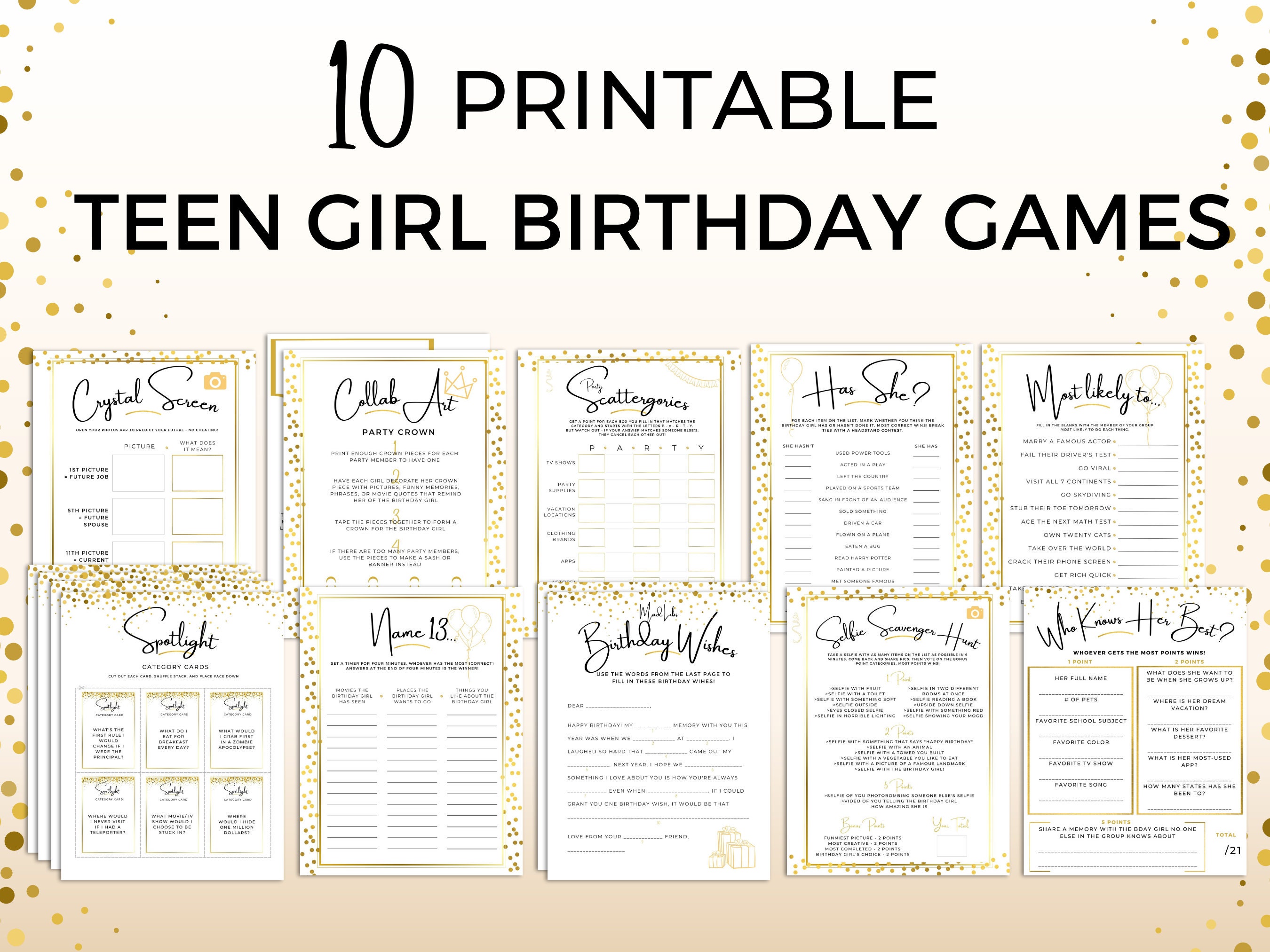 Gold Teen Girl Birthday Games Printable Birthday Games - Etsy