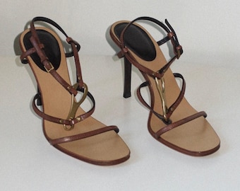 Vintage Gucci by Tom Ford Brown Strappy Heels Horsebit Logo/ 37