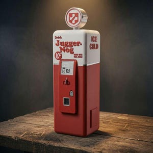 May include: A red and white Jugger-Nog vending machine replica featuring the text Drink Jugger-Nog, 10 cents, Made with real eggs, and Ice Cold. The unit includes a circular top sign with a white cross symbol and a central coin slot interface.