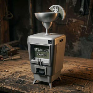 May include: A silver-toned, boxy beverage dispenser featuring a square display window with the text "DEADSHOT Daiquiri" printed in black. A metallic cocktail glass sits on top, and a small black dispensing lever is located on the front panel.