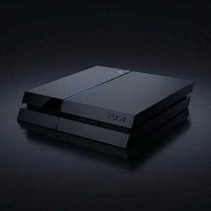 May include: A black PlayStation 4 console, featuring a sleek, rectangular design with a matte finish. The console has a thin, blue light strip across the top and the letters "PS4" are visible on the front.