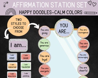 Estación de afirmación para el aula: Garabatos felices, colores tranquilos, decoración motivacional para la clase de primaria.