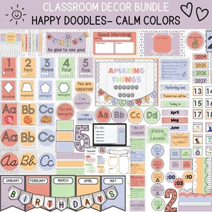 Classroom Decor Bundle- Happy Doodles Calm Colors- educational decor bundle for elementary primary classroom- pastel colors for classroom