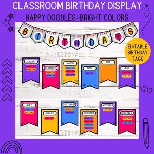 Birthday Display Board for classroom- Happy Doodles- Bright Colors- Printable Birthday Bulletin Board kit for classroom