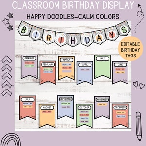 Birthday Board Display for Classroom- Calm Colors Happy Doodles- Printed Birthday Bulletin Board for Classroom