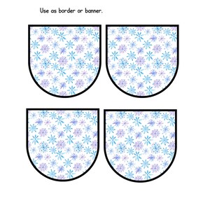 May include: Four white u-shaped borders with a repeating pattern of blue and purple snowflakes. The text "Use as border or banner." is at the top of the image.