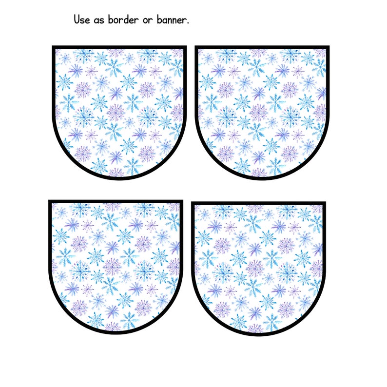 May include: Four white u-shaped borders with a repeating pattern of blue and purple snowflakes. The text "Use as border or banner." is at the top of the image.