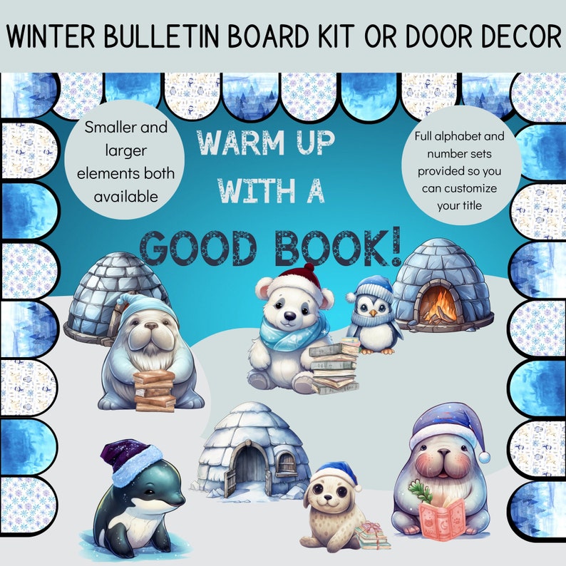 May include: Winter-themed bulletin board kit or door decor featuring a blue background with white snowflakes. The text "Warm Up With A Good Book!" is displayed in black. The kit includes images of polar bears, penguins, seals, and igloos.