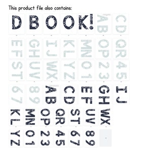 May include: A set of alphabet and number stickers with a snowflake design in blue and white. The letters and numbers are in a bold, black font.
