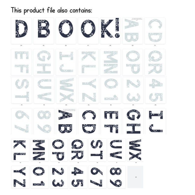 May include: A set of alphabet and number stickers with a snowflake design in blue and white. The letters and numbers are in a bold, black font.