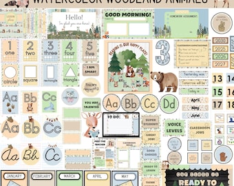 Woodland Classroom Decor Bundle: Watercolor Animals Theme (Editable PowerPoint Templates, Digital Download