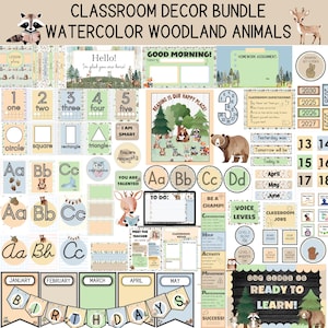 Woodland Classroom Decor Bundle- Editable Classroom Printable Display Bundle PowerPoint Templates Watercolor Woodland Animals Theme
