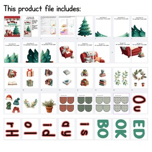 May include: A digital product file with various Christmas-themed illustrations. Includes images of a Christmas tree, a cozy armchair, wrapped gifts, books, and holiday decorations. The text at the top reads "This product file includes:"