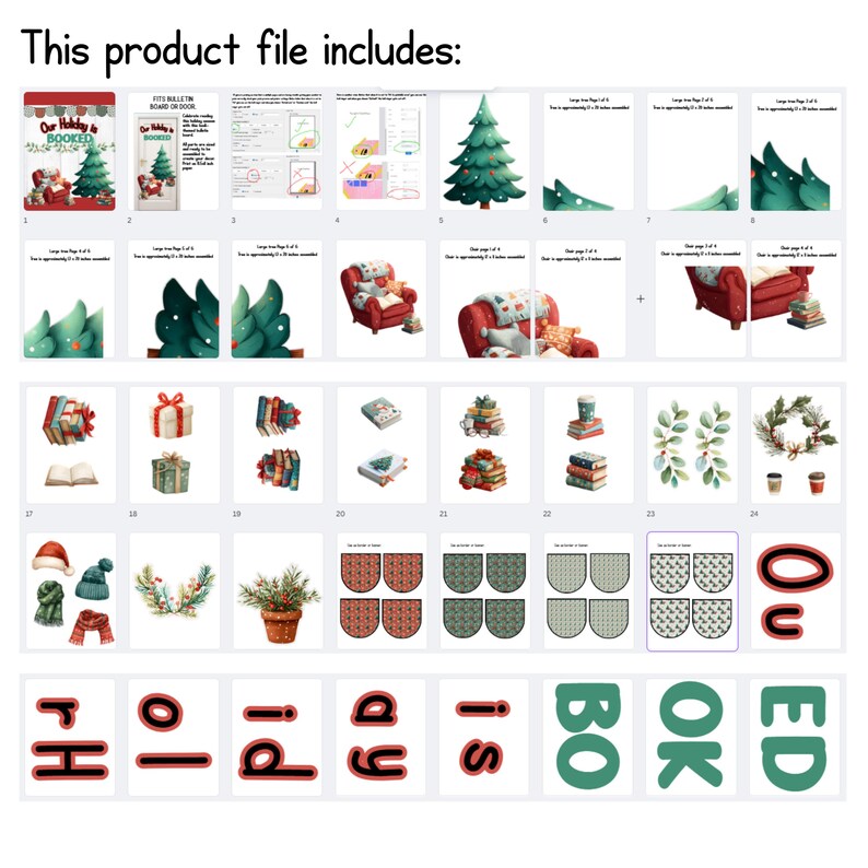 May include: A digital product file with various Christmas-themed illustrations. Includes images of a Christmas tree, a cozy armchair, wrapped gifts, books, and holiday decorations. The text at the top reads "This product file includes:"