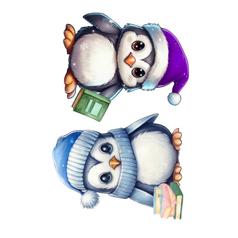 May include: Two cartoon penguins wearing winter hats and holding books. The penguin on top is wearing a purple hat and holding a green book. The penguin on the bottom is wearing a blue hat and holding a stack of colorful books.