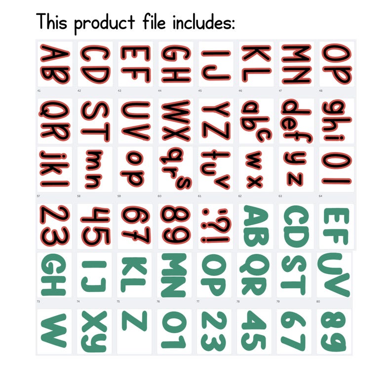 May include: A digital file with various letters, numbers, and symbols in red and green. The text "This product file includes:" is at the top. The file contains uppercase and lowercase letters, numbers, and punctuation marks on individual white squares.