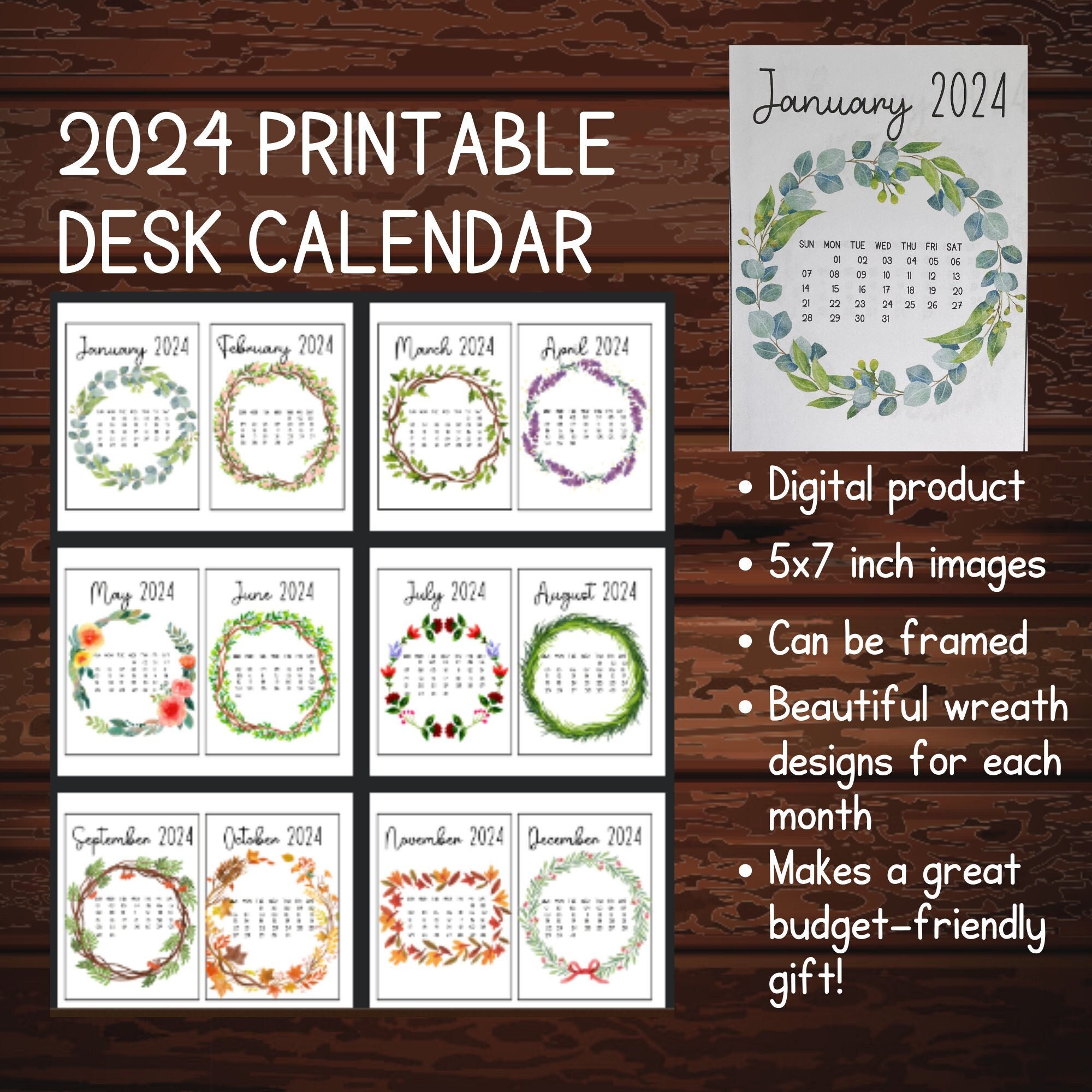 2024 Printable Desk Calendar-pretty Wreath Desktop Calendar 5 X 7 Calendar  Budget-friendly Gift Stocking Stuffer - Etsy