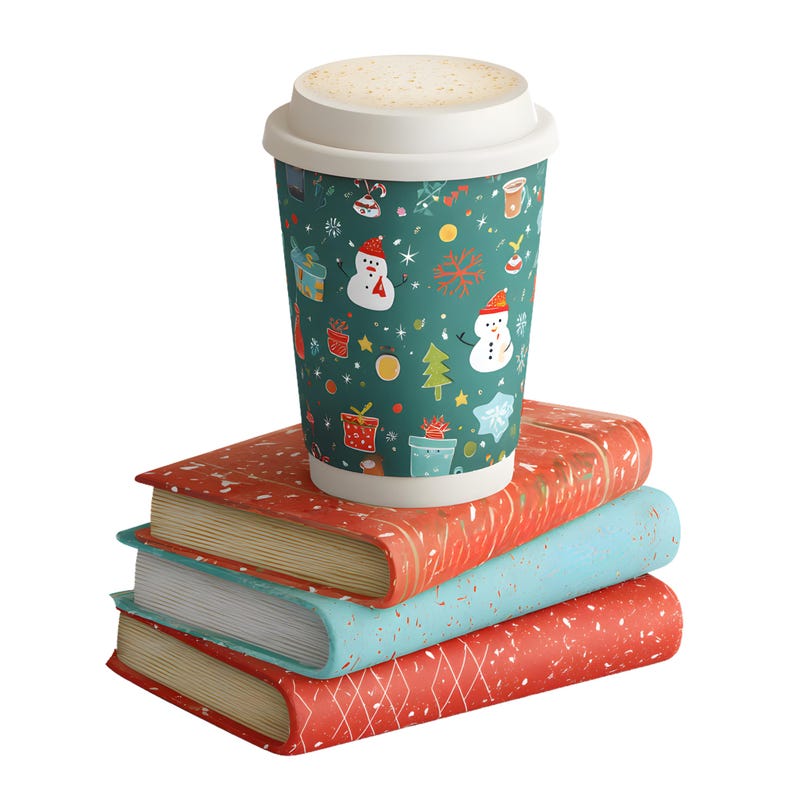 May include: A festive coffee cup with a white lid, decorated with snowmen and gifts, sits atop a stack of three books. The books have red and blue covers with a speckled pattern, creating a cozy, seasonal scene.