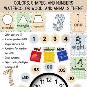 May include: Educational watercolor posters with a woodland animals theme. Includes shapes, numbers, colors, and clock faces. Features a circle, triangle, and trapezoid, along with numbers 1-20, and color examples like red, yellow, and blue.