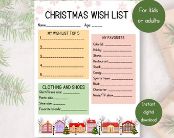 Op de afbeelding: Een afdrukbare kerstwensenlijst met secties voor top 5 wensen, favorieten en kledingmaten. Bevat de tekst "Christmas Wish List" en "For kids or adults". Met een kleurrijke stadsillustratie onderaan.