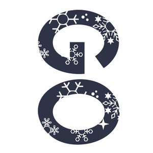 May include: Two dark blue circles with white snowflake designs. The top circle is a letter G with a snowflake design in the center. The bottom circle is a complete circle with snowflakes around the edge.