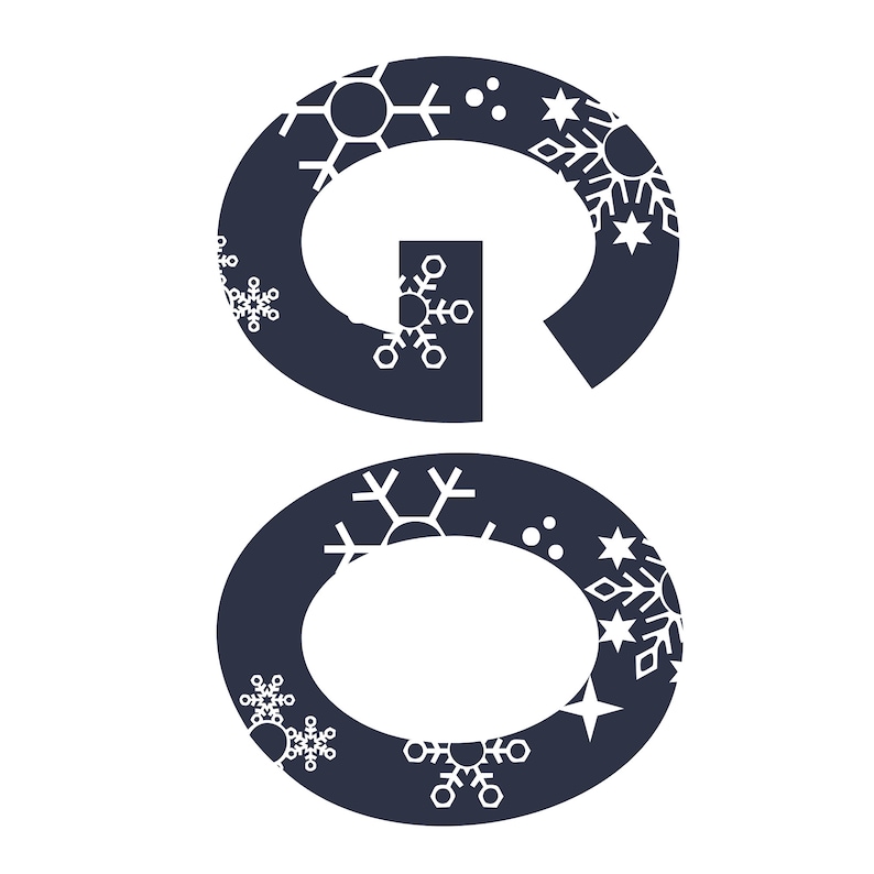 May include: Two dark blue circles with white snowflake designs. The top circle is a letter G with a snowflake design in the center. The bottom circle is a complete circle with snowflakes around the edge.