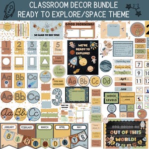 May include: A classroom decor bundle with a space theme. Includes various educational elements like alphabet letters, numbers, shapes, and motivational phrases. The color palette features soft blues, greens, and browns, with rocket and planet illustrations.