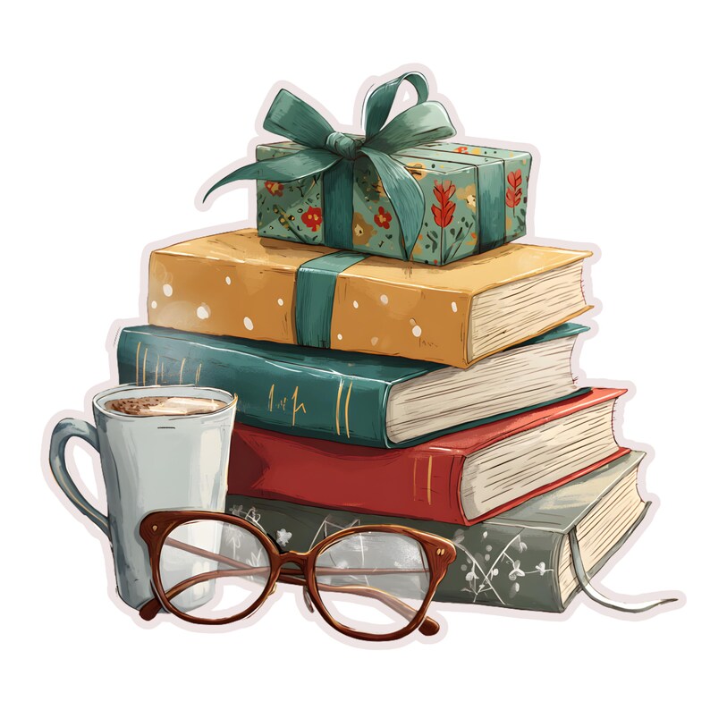 May include: An illustration of a stack of books with a gift box on top, tied with a green ribbon. A coffee mug and a pair of brown-framed glasses are next to the books. The books are various colors, including yellow, green, and red.