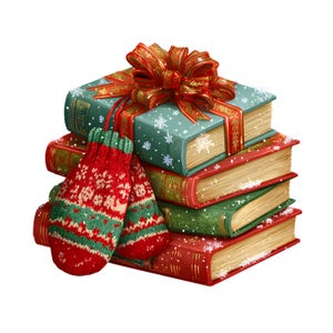 May include: A stack of books with red, green, and blue covers, adorned with a red and gold ribbon and bow. A pair of red and green mittens with a snowflake pattern rests against the books, suggesting a holiday theme.